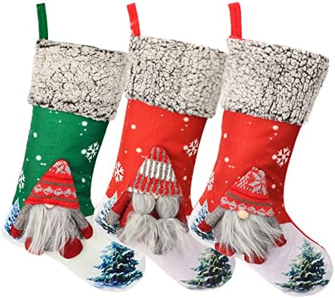 Aopuro 3D Gnomes Божиќни чорапи 3 пакувања, 18 инчи семејни чорапи за Божиќ, камин што виси чорапи, Божиќни ликови за празници за забави за забава