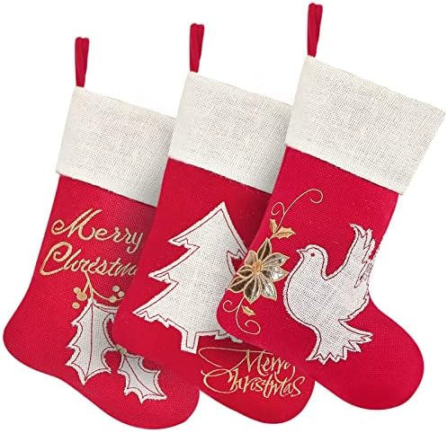 Bstaofy Божиќни чорапи сет од 3 класични постелнина извезени Божиќни дрво лисја од цвеќиња со цвеќиња чорапи за разновидни висечки