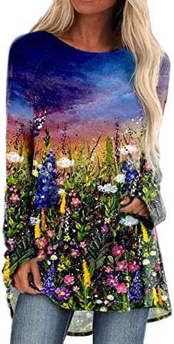 Туника за женски трендовски пејзаж сликарство обични врвови што треба да се носат со хеланки кошули со долги ракави лабави пријатни