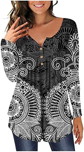 Женски врвови кријат стомак туника есен трендовски маици со долг ракав, симпатични цветни печатени маички, обична фустана блуза