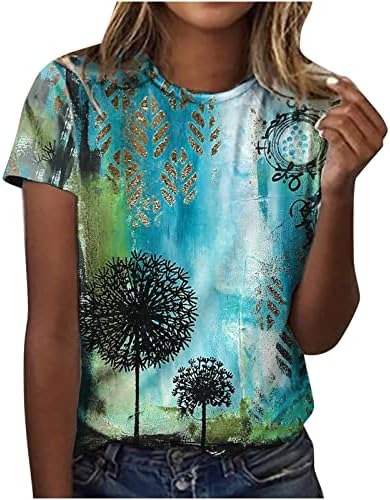 Маичка за блуза за тинејџерски девојки есен летен краток ракав памучен екипаж на вратот на вратот графички цветна обична врвна ЦП ЦП ЦП