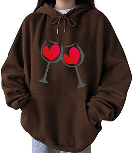 Ден на в Valentубените худи за жени преголеми симпатично срце Гномес Гноми пуловер со качулка со џемпер, обична кошула со долги ракави Туника, кошула