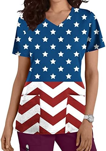 Врво на американско знаме за жени со краток ракав V-врат 4-ти јули маици Денот на независноста печатена кошула со џебна туника