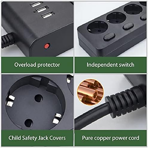 WYKD повеќекратна заштита на лента за напојување ЕУ приклучоци Електрични приклучоци за проширување USB 5 патни места Независна контрола на прекинувачот 2M кабел