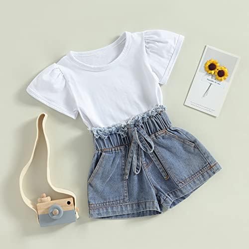 Детето бебе девојче кратка летна облека цврста кратка ракав маица тексас шорцеви облеки 2 парчиња сет