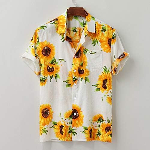 ГДЈГТА Машка хавајска кошула Обична шарена сончогледна печатена маица копчиња лапел врвен краток ракав лабава блуза