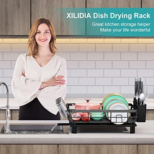 Xilidia багажникот за сушење на садови со дренажа, сиви лавици за садови за кујнски шалтер, решетката за фен за садови со дренажа,
