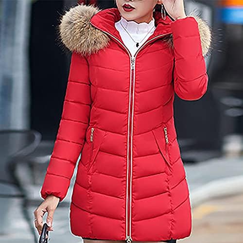 RMXEI скијачки јакни за жени модни модели со средна должина тенок памук јакна голема коса памучна јакна