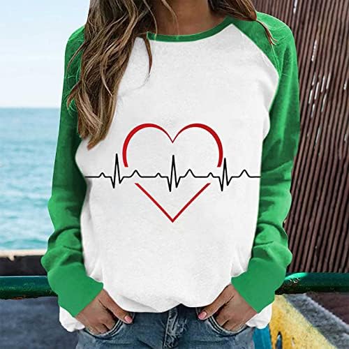 Денот на вinesубените со долги ракави маички за жени за жени мода ЕКГ срце графички пуловер врвови обични бои блок тунични манжети