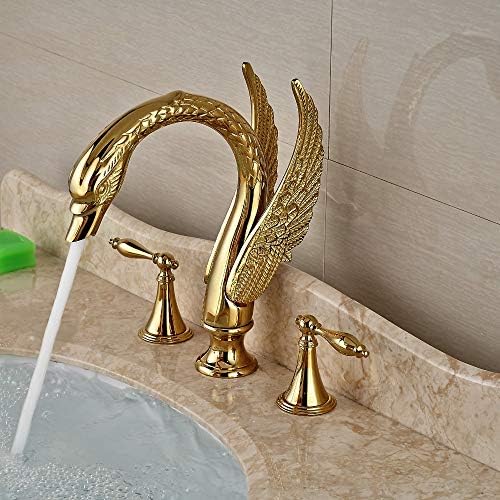 Лебедово форма со двојна рачка Златна басен за миење садови широко распространета палуба монтирана миксер за бања со топла и