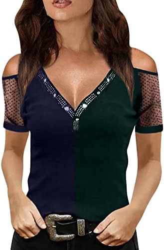 Bmisegm женски врвови летни маици ладно рамо мрежи контраст со кратки ракави, маички маици маици