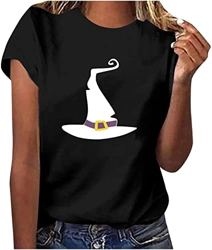 Narhbrg кошула за жени маичка за кратки ракави за Ноќта на вештерките, симпатична вештерка капа, графички пад на врвови, обични