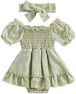Новороденчиња бебе девојчиња лето руфле ромпер фустан шифон точка кратки ракави ромери со лента за глава симпатична облека за