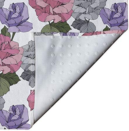 Ambesonne цвеќиња јога мат пешкир, цветна тема ботаничка илустрација розови и виолетови рози долж зелени лисја, нелизгање на