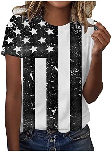 Четврти јули кошули за жени 2023 Ден на независност Краток ракав екипаж на вратот маица лето американско знаме на врвот на блузата