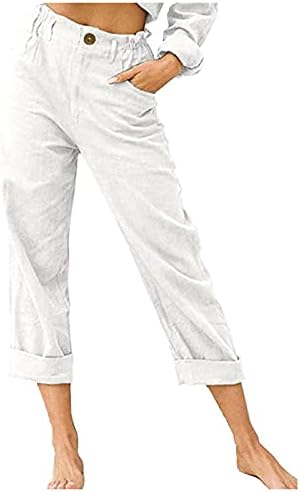 Земински женски памучни ленени панталони Обични еластични копче за половината карго панталони цврста боја права панталони со