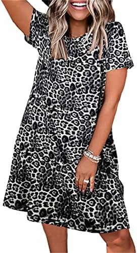 Женски леопард екипаж на вратот на вратот фустани v вратот кратки ракави обични замав фустани колено должина летна маица фустан