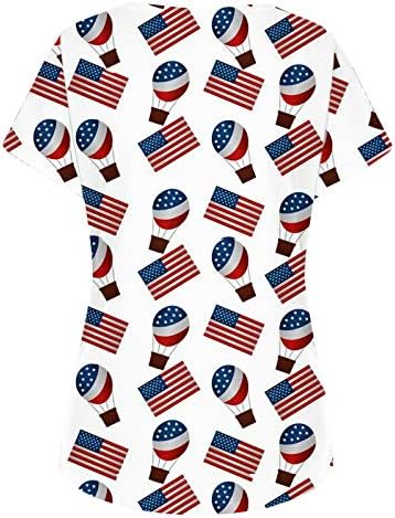 4 јули Маици За Жени Американско Знаме Летна Кошула Со Кратки Ракави Против Вратот Со 2 Џебови Смешна Празнична Секојдневна