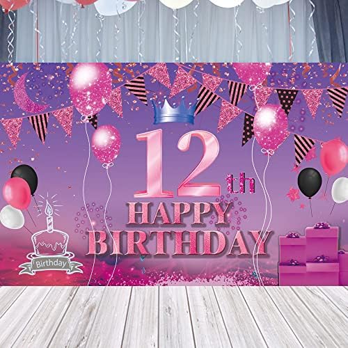 Среќен 12 -ти роденден Банер Пинк Виолетова 12 -та постер за знаци 12 роденденска забава за годишнината Фото штанд Фотографија