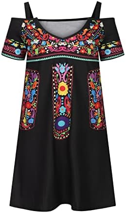 Женски летни фустани бохо мексикански селски фустан секси ладен рамо краток ракав против вратот облечен обичен цветен фустан
