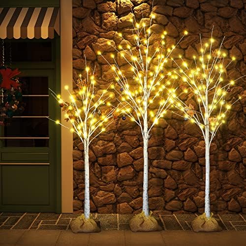 Recaceik осветлени дрвја од бреза, 4 стапки 5 стапки и 6 метри дрво вештачко дрво од бреза со цветна светлина, пакет од 3, за