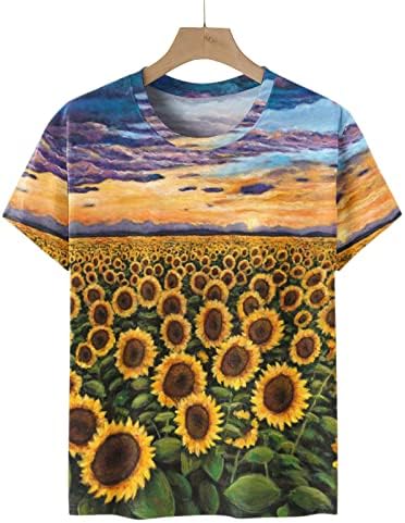Графички сончогледово печатење цветна маица за дами за дами кратки ракави памук екипаж на вратот на вратот на вратот лабав вклопување