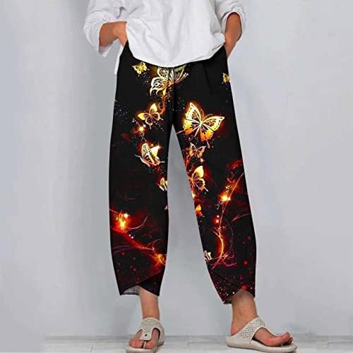 Постелни панталони за плажа за жени исечени широки панталони со нозе со џебови летни печати од пеперутка, баги капри панталони