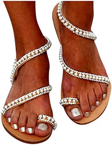 Женски рамни сандали летни боемски сандали на плажа чипка цветни бисерни флип- апостолки чевли за венчаници за дами