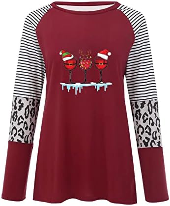 Женски Божиќно вино стакло врвови симпатична санта шапка маичка боја блок леопард шарена раглан мета долг ракав Божиќ блуза