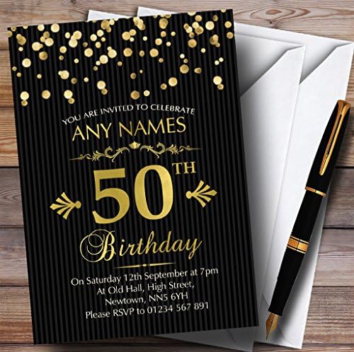 Златни Конфети Црни шарени 50-Ти Персонализирани Покани За Роденденска Забава