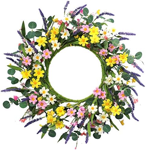 Вештачки цветен венец, 20 ”Дејзи и лаванда венец цветен венец пролет и летен венец за прозорец од влезната врата дома и фестивалска