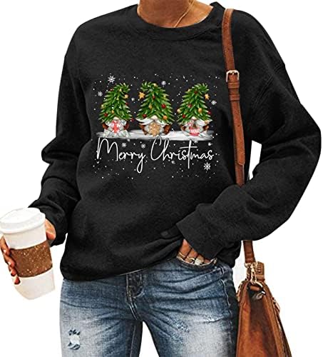 Womenените Божиќно џуџести печатење џуџести маички врвни лабави долги ракави за џемпер на џемпер, пулвер, врвни девојки со големина