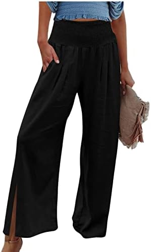 Панталони од iaqnaocc за жени, обични високи половини широки нозе плажа панталони со џебови