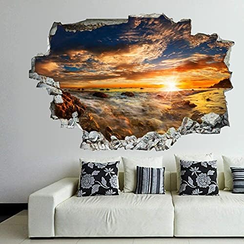 САД на крајбрежјето изгрејсонце и зајдисонце камења со предели на небото, skyид Декл пејзаж 3Д пробивање на wallидот налепница отстранлив смешен wallиден уметнички деко