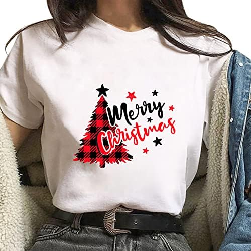Christmasенска Божиќна блуза Божиќ цртана руда и букви печати врвови кратки ракави со екипаж маици пулвер