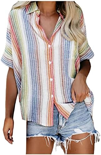 Womenените случајни лабави шарени ленти со кратки ракави на кратки ракави кошула плус големина долга ракав кошула за блуза