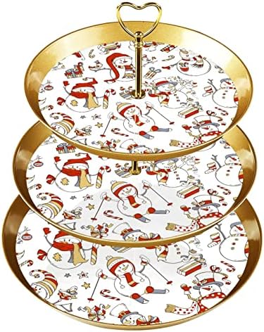 Драгонбту 3 Ниво Кекси Стојат Со Злато Прачка Пластични Нивоа Десерт Кула Послужавник Симпатична Божиќ Снешко Скијање Танцување