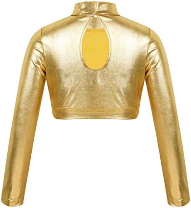 Моггмол Девојки девојки Сјајни метални метални долги ракави со територии на култури за танцување маички за перформанси Костуми злато 8 години