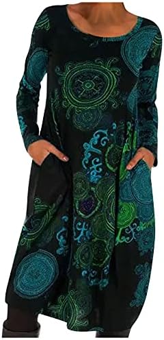 Женски гроздобер етнички печати миди фустани лабава вклопена боемска тунична облека обична о-врата со долги ракави смени фустан