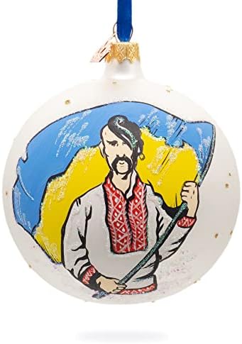 Козак кој носи украински знаме стакло топка Божиќ украс 4 инчи