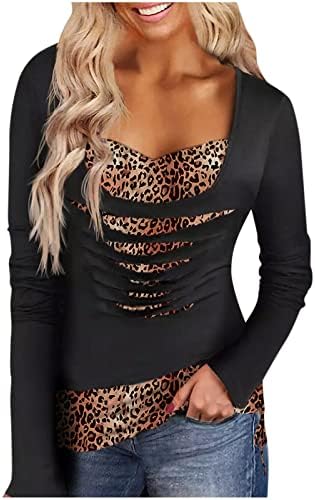Women'sенски долги ракави врвови мода леопард карирани спојувачки маички кошули паѓаат случајна удобна лабава фит блуза Туника