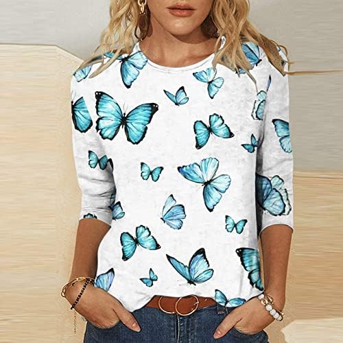 Долг ракав 3/4 ракав моден памучен екипаж графички лабава лабава бренд блуза маица за девојки лето есен блуза Q8