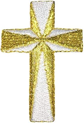 2 инчен латински крст - бел/злато - религиозно/христијански - везено железо на лепенка CX