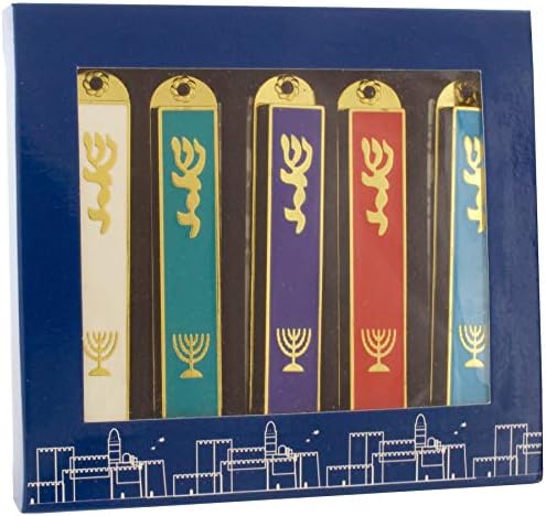 Meir Cohen пакет од 5 разновидни бои емајлиран метал мезуза случаи, 8,8 см, Менорах