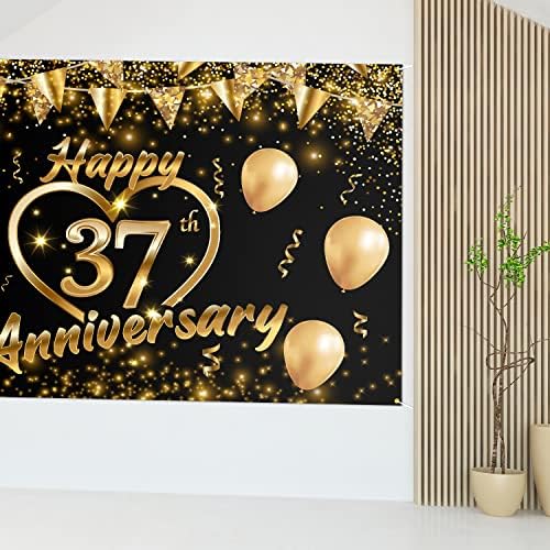 Среќна 37-годишнина Позадина Банер Декор Црно Злато - Сјајот Љубов Срце Среќен 37 Години Свадба Годишнината Тема Декорации За