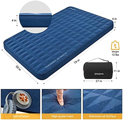 Kingcamp Premium само надувување на подлогата за спиење за кампување, 4-инчен дебел двојно кампување подлога 11 R-вредност 3D
