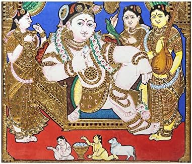Егзотична Индија 21 „x 27“ Бала Гопала Кришна Танјоре Сликање | Традиционални бои со 24к злато | Рамка од тиково дрво |