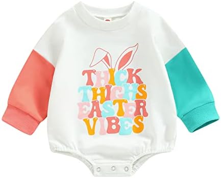 Wallarenear бебе момче девојче Велигденска боја блок џемпер ромпер со долги ракави за зајаче меур за печатење, пролет преголеми