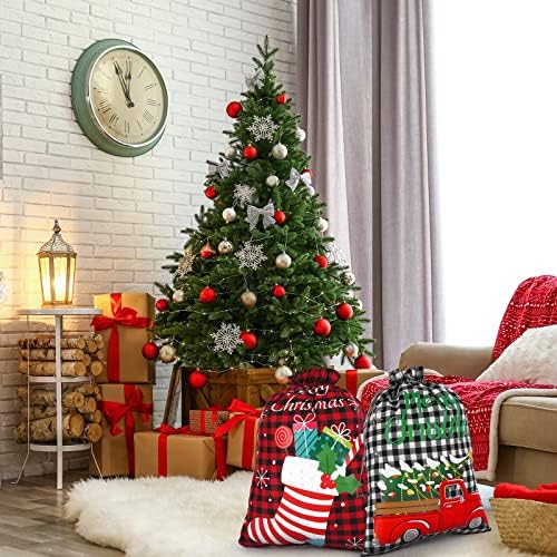Aneco 12 парчиња Божиќно влечење торба за подароци за еднократно биволско карирано ткаенина со ткаенини со лаптоп, третирајте