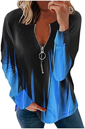Women'sенски блок во боја, џемпер со долги ракави V вратот патент пулвер трендовски крпеница обични лабави вклопни блузи